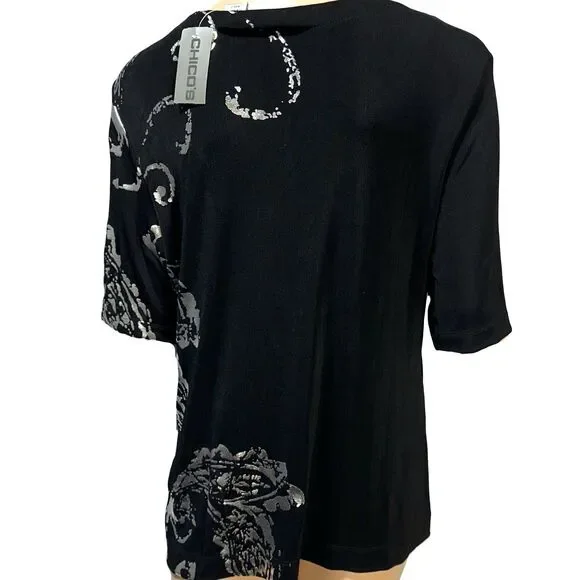 Chicos Travelers 3 Slinky Belinda Top Black Silver Liquid Knit Women US XL NWT - Picture 3 of 8